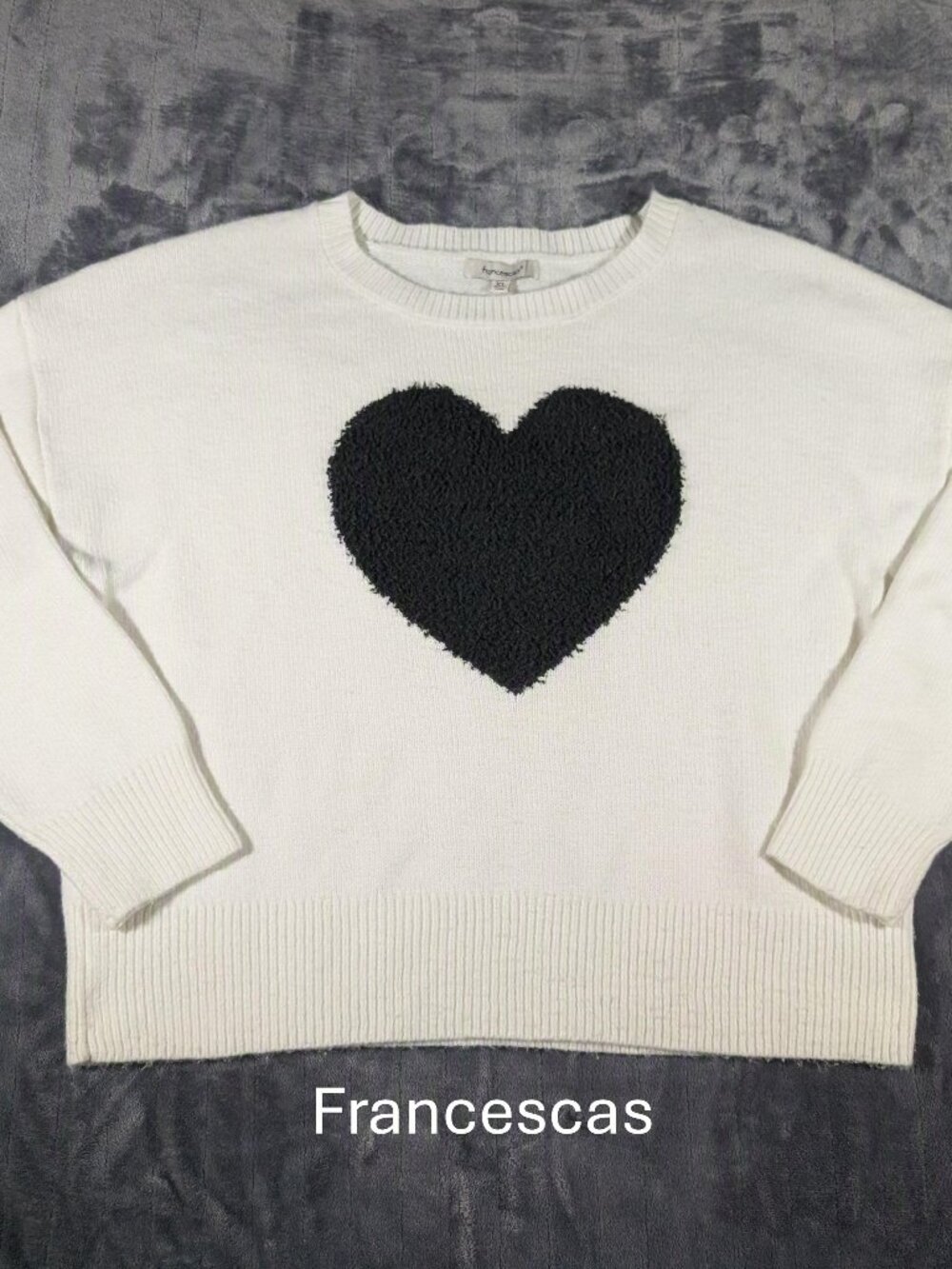 Francescas Emma Fuzzy Heart Black and White Knit Sweater, Size XL, 1191